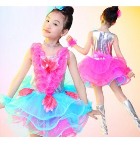 Turquoise blue fuchsia hot pink patchwork girls kids children princess modern dance school play jazz dance costumes outfits
